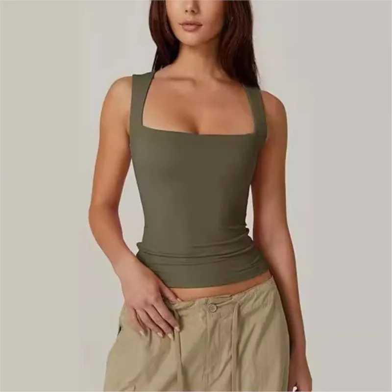 2024 Seaside Vacation Summer New Solid Color Womens Square Neck Sveless Double Layer Tank Top Basic Tight T-shirt for WomenXJ250212