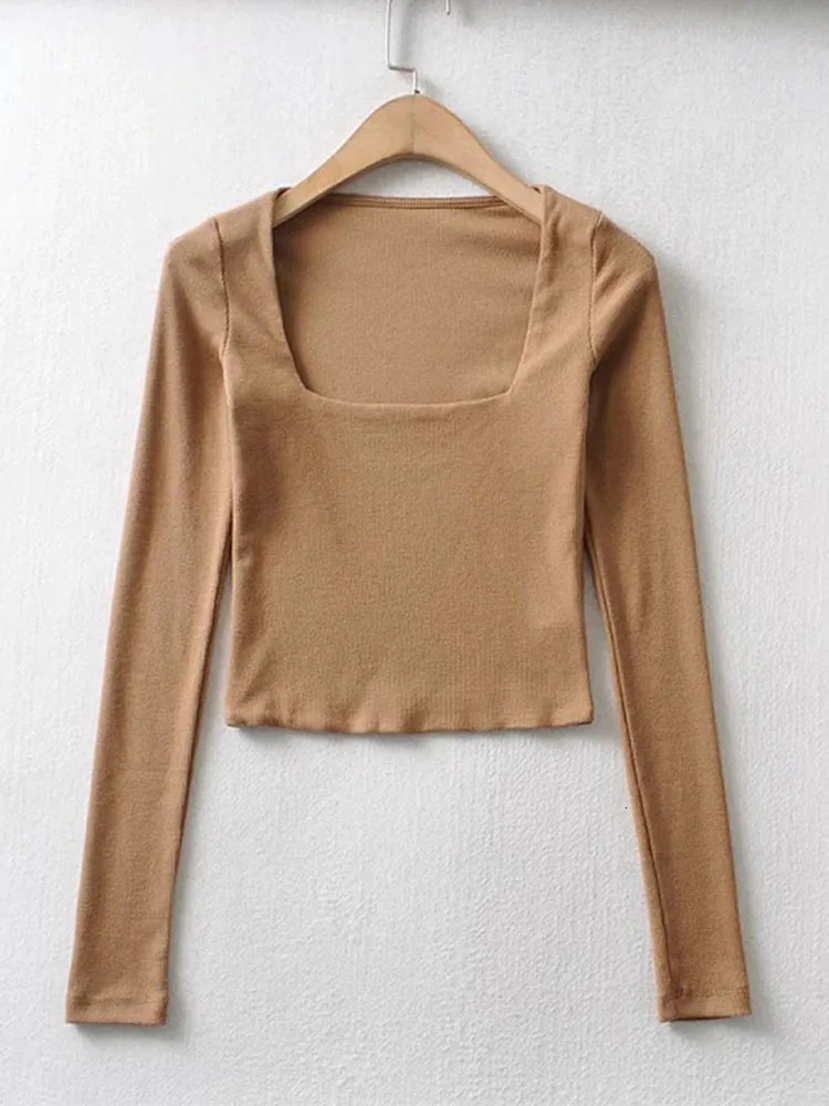 Women Cotton Ribbed Square Neck Crop Top With Long Sleeve 250114Z