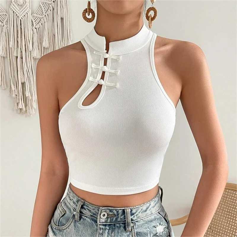 2024 New Fashion Women Vintage Chinese Button Tank Tops Halter Tops O-Neck Ele Crop Tops Off Shoulder Tops For WomenXJ250212