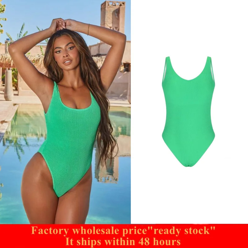 Womens One Piece Bikini Swimsui Scoop Neck Low Back Ribbed High Cut Cheeky Bathing Suit Beachwear scrunch swimsuit in emerald 250210