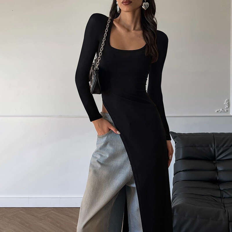 Hot selg women's autumn product fashion personality U-neck slim fit slit long sleeved dress wholesale 2025 new style temperament chic elegant clo