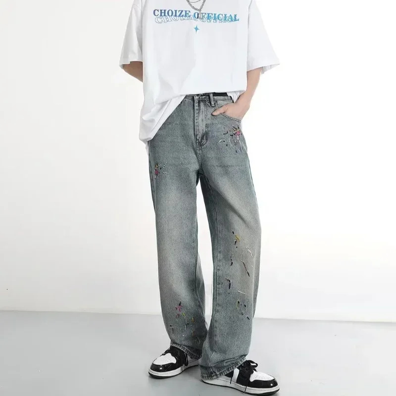 Mens Graffiti ed Baggy Jeans Retro Straightleg Denim Trousers High Street Distressed Y2K Jean pantalones 250210