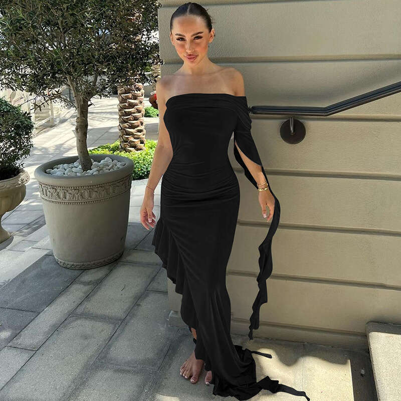 European and American women's summer product fashion personality one shoulder pleated solid color slim fit dress wholesale 2025 temperament versa