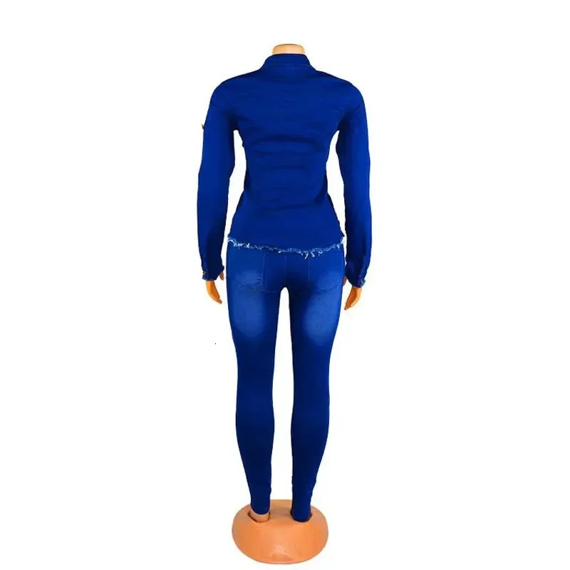 Casual Denim 2 Piece Set Jeans Suit Women Blue Long Sleeve Jeans Jacket Long Pants Slim Tracksuit Outfits 2024 Spring Autumn 250211