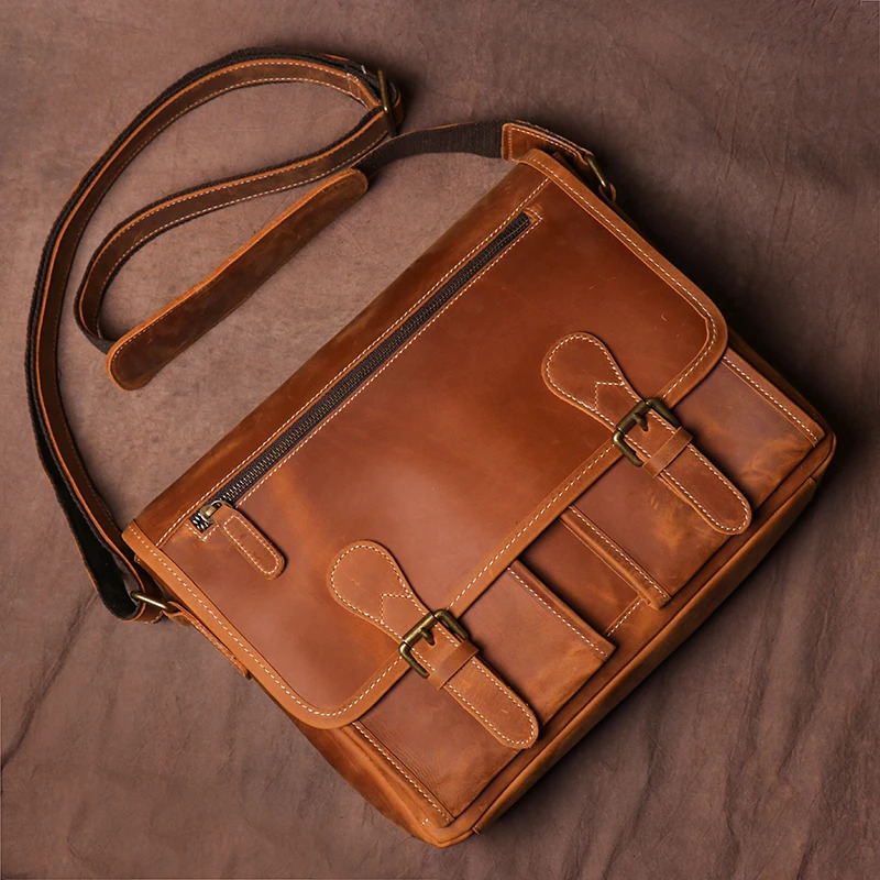 GURO Vintage Crazy Horse Leather Messenger Bag Mens Genuine Sling Shoulder Bag Office Briefcase Crossbody 12.9 Inch Ipad 250207