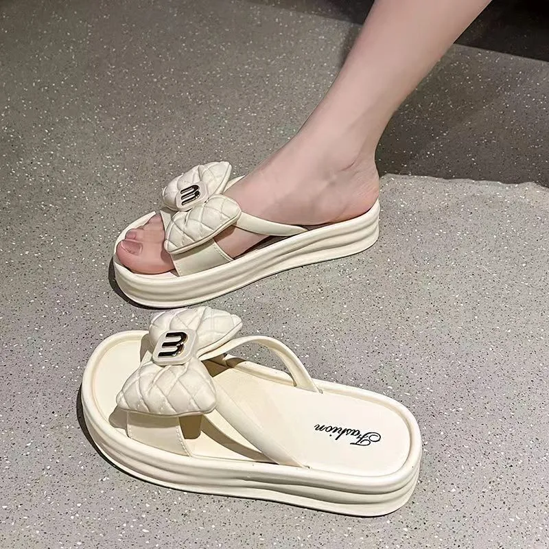 Women summer new open toe thick bottom outdoor flip butterfly bow beach white casual slippers zhanyishengli