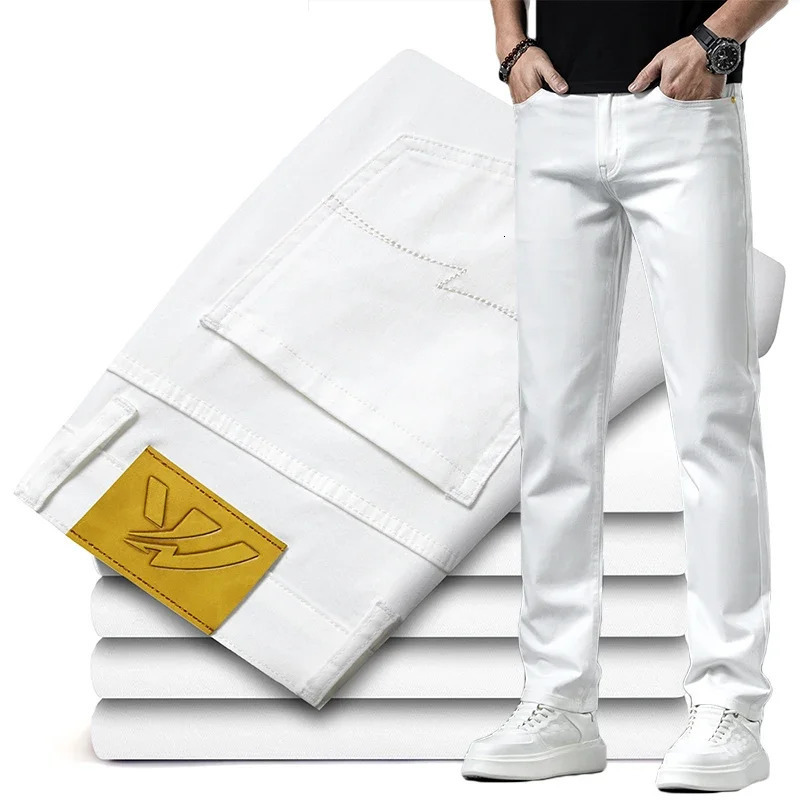 Summer Thin Mens Straight Denim Cotton Stretch Creamywhite Jeans Classic Business Pants Fashion Trousers Male 250210