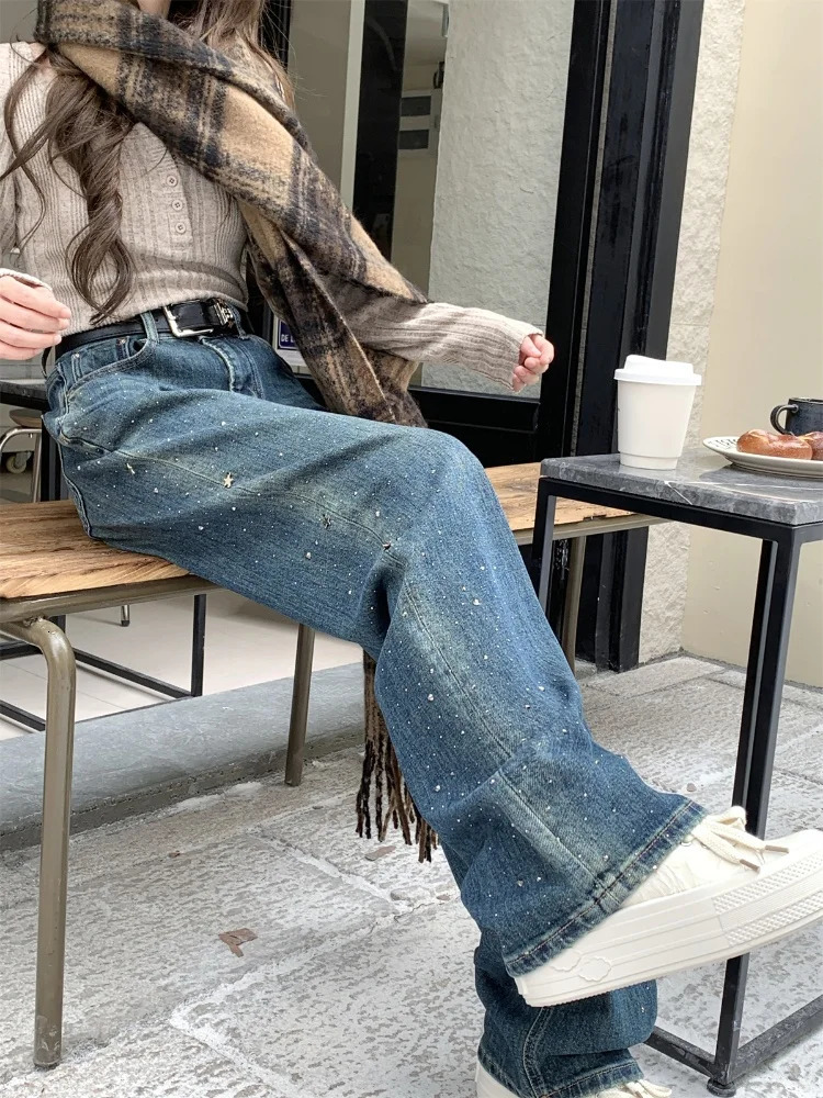 Hosen Y2K Fashion Fix Rhinestone Baggy Jeans Pants For Women Clothes Casual Lady Denim Trousers Ropa De Mujer 250212