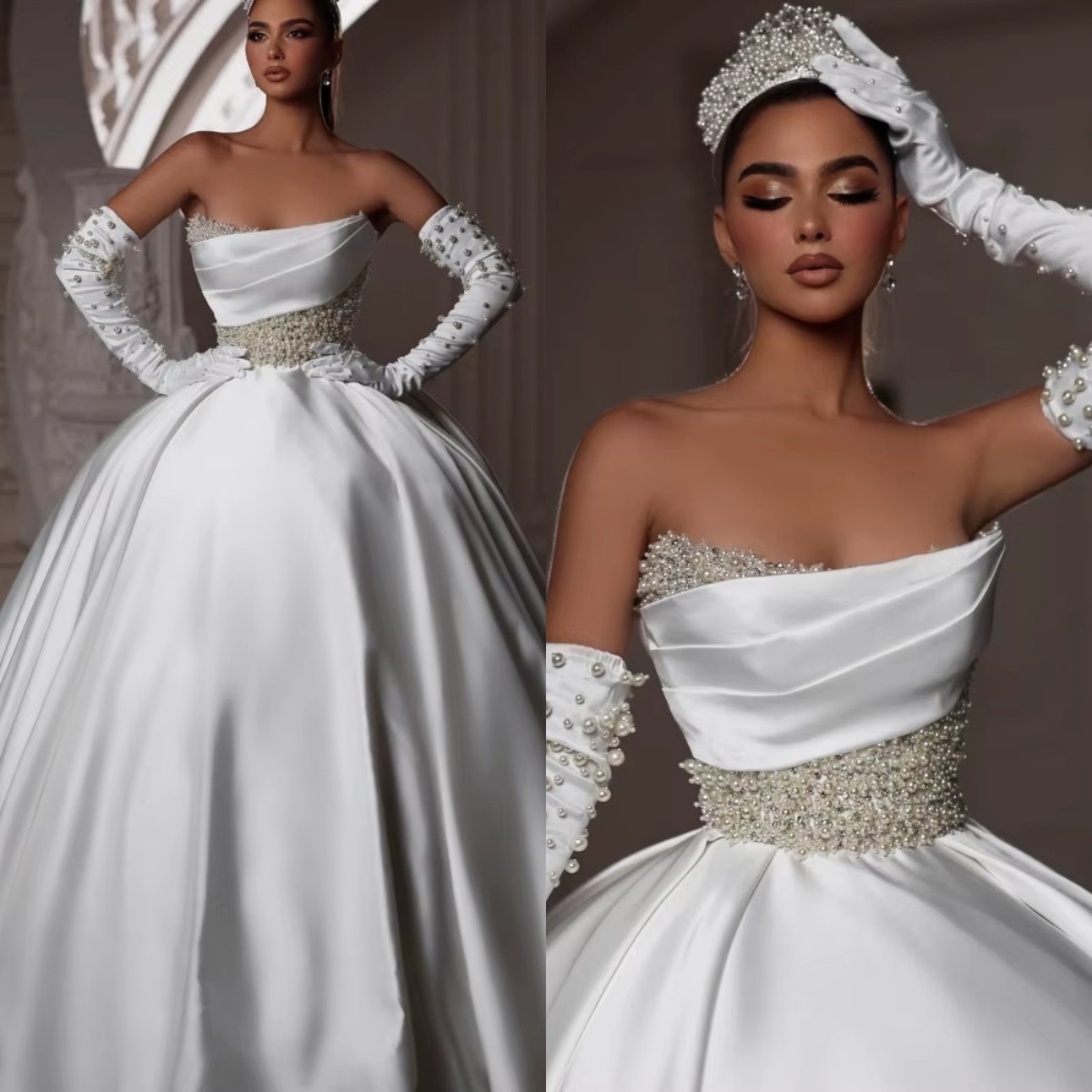Exquisite Ball Gown Wedding Dress For Women Strapless Sleeveless Bridal Gowns Pearls Sequins Sweep Train Dresses Custom Made vestidos de novia