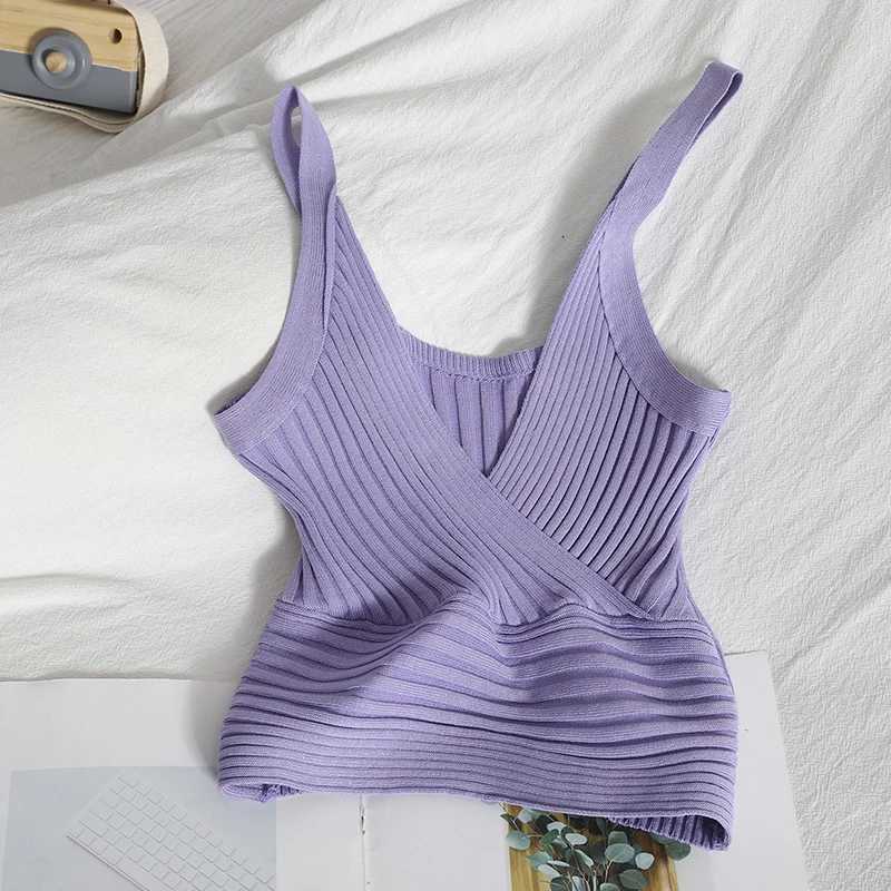 Rib Knit Wrap Front Crop Top Women V-Neck Sveless Camis and Tanks Summer Sexy Club Party OutfitXJ250212