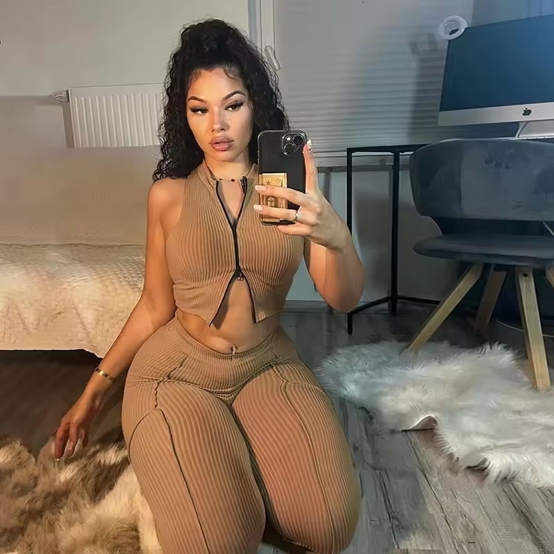 2025 Spring Womens Fashion Sexy Sleeveless Zipper Open Umbilical Top High Waist Tight Two Piece Set Casual Pants Set