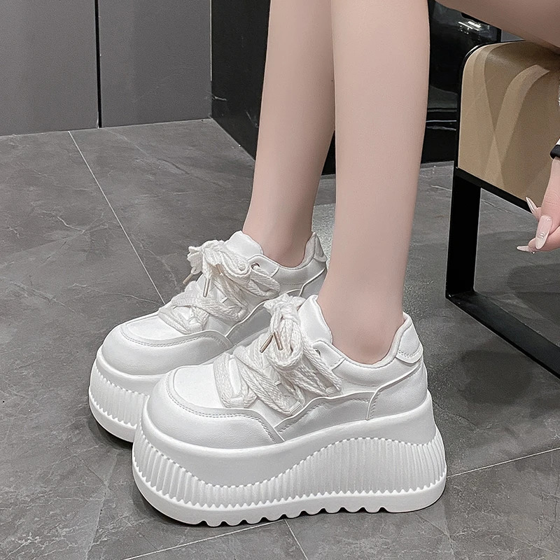 8.5CM Synthetic Microfiber Leather Women Platform Wedge Ladies Chunky Sneakers 2024 High Fashion Vulcanize Pumps Shoes 250207