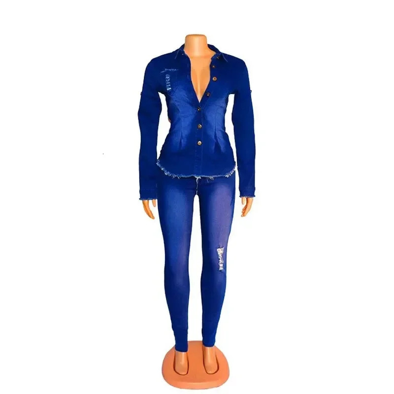 Casual Denim 2 Piece Set Jeans Suit Women Blue Long Sleeve Jeans Jacket Long Pants Slim Tracksuit Outfits 2024 Spring Autumn 250211