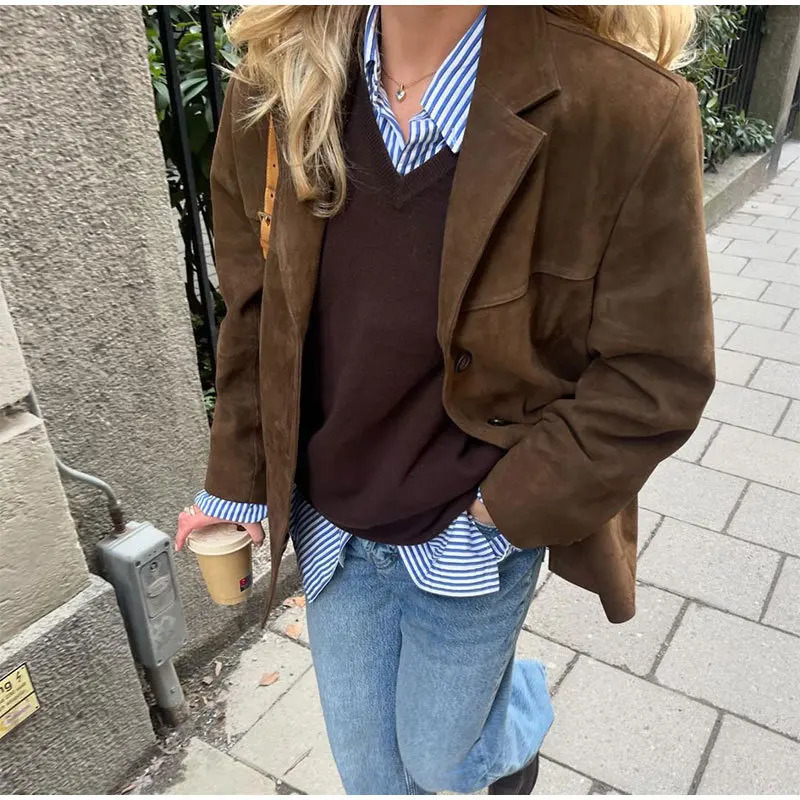 Vintage Brown Blazer Women Suede Leather Jacket Autumn Fashion Single Breasted Lapel Loose Coats Street Office Lady Outerwears 250212
