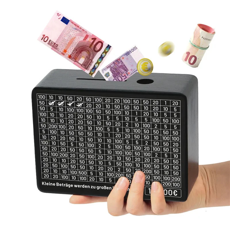Black Wooden Piggy Bank with Counter Save Money Box Coin Bank with Paper Saving Goals and Numbers for Saving Euros 250211