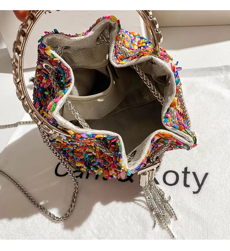 Designer Colorful Stones Evening Clutch Wedding Party Bucket Purse Metal Handle Women Handbag Shoulder Messenger Bag