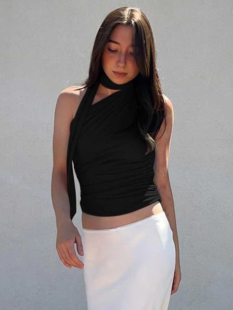 Backless Sexy Off Shoulder Halter Tank Tops Women Vintage Sveless Crop Top Y2K Clothes Club Fe Casual Summer 2023XJ250212