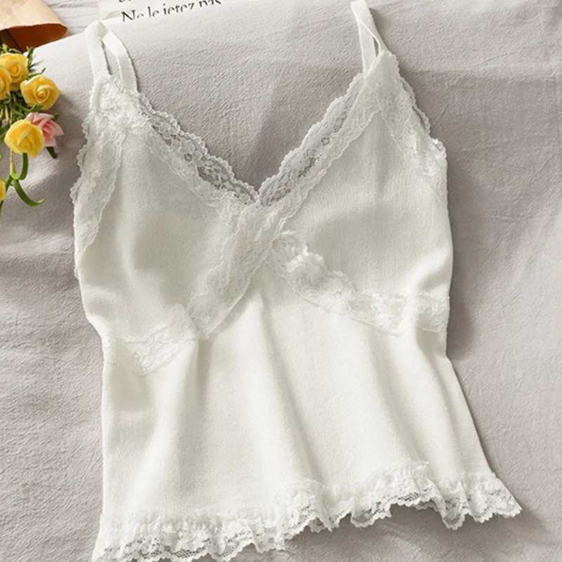 Women Summer 2025 Lace Fashion Tank Top Fe Korean Style V Neck Sveless Sexy Blouse Cropped KnitwearXJ250212