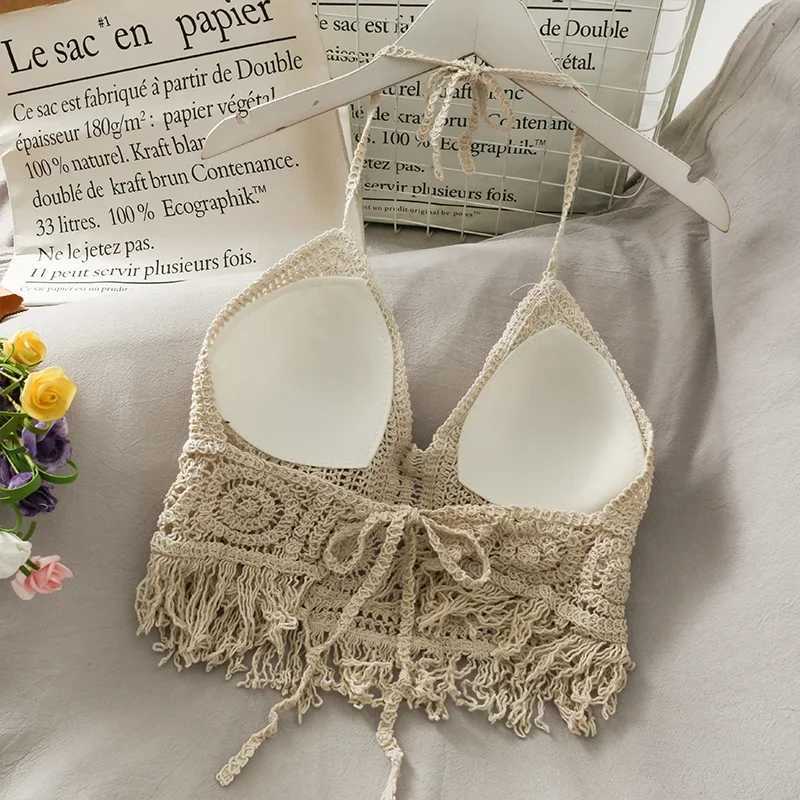 Women Beach Crop Tops Hollow Cover-Ups Perspective Tassel Sexy Spaghetti Strap Swinwear Built In Bra Backlless Halter NeckXJ250212
