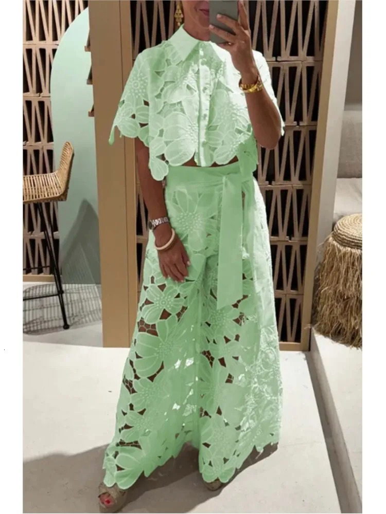Sexy Lapel Single-breasted Shirt Top Wide-leg Pants 2-piece Set Women Fashion Solid Color Elegant Casual Hollow Suit Female 250206