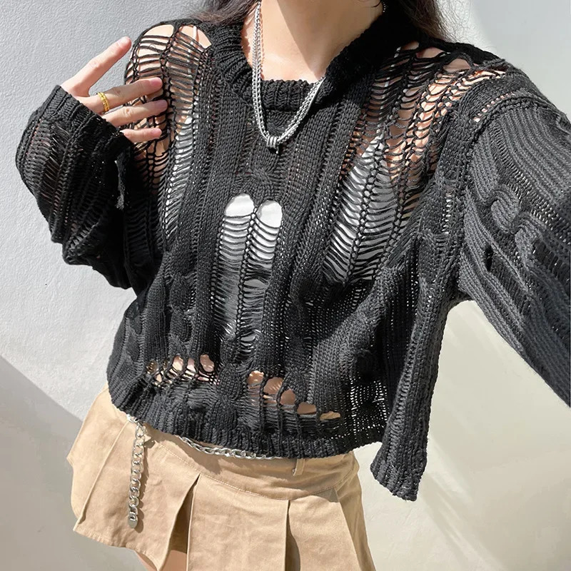 Hollow Out Pullovers Women Sexy Knitwear Top Black Chic Fishnet Loose Tops Long Sleeve Top Y2k Steetwear Women Clothing 250210