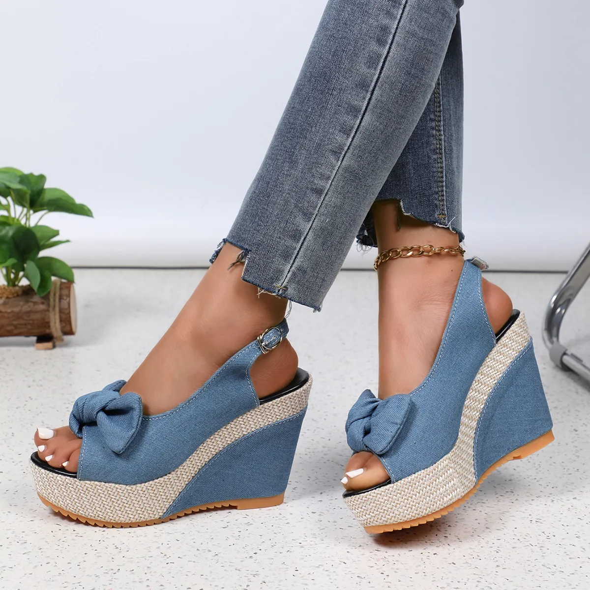 WomenAnkle Strap Peep Toe Platform Denim Wedge atos De Mujer Wedges Sandal Thick Sole Sandalias High Heel Sandals
