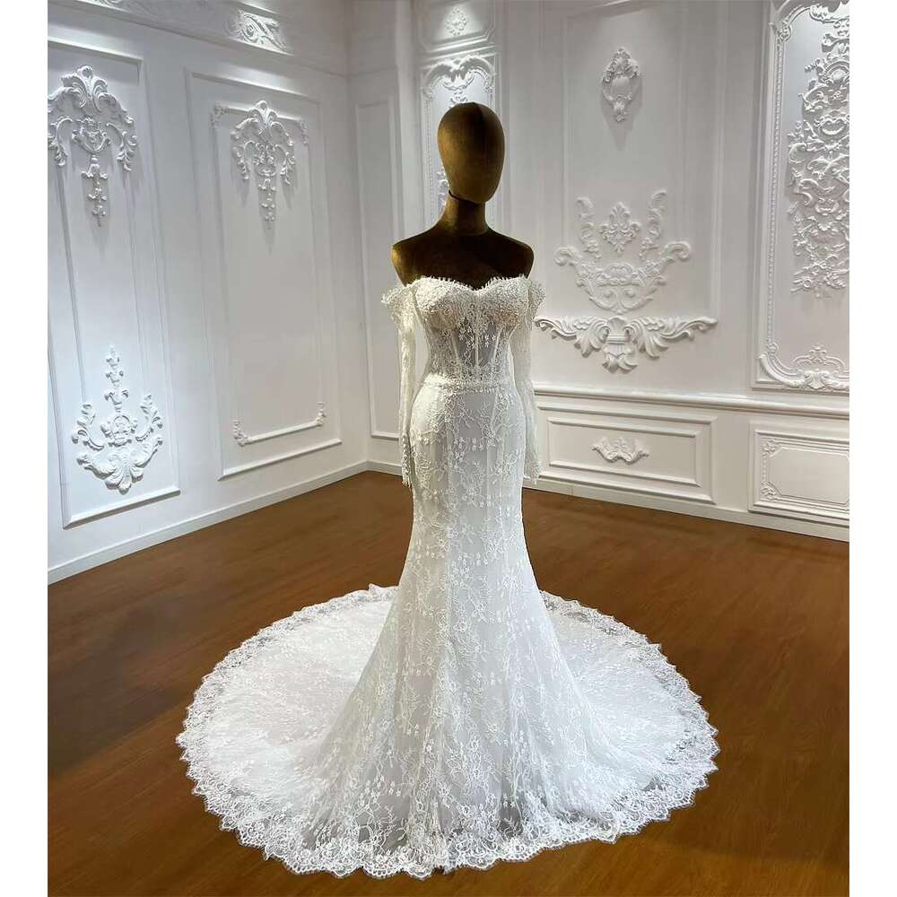 Customized M036 Off The Shoulder Long Sleeve Sweetheart Mermaid Bridal Wedding Dress