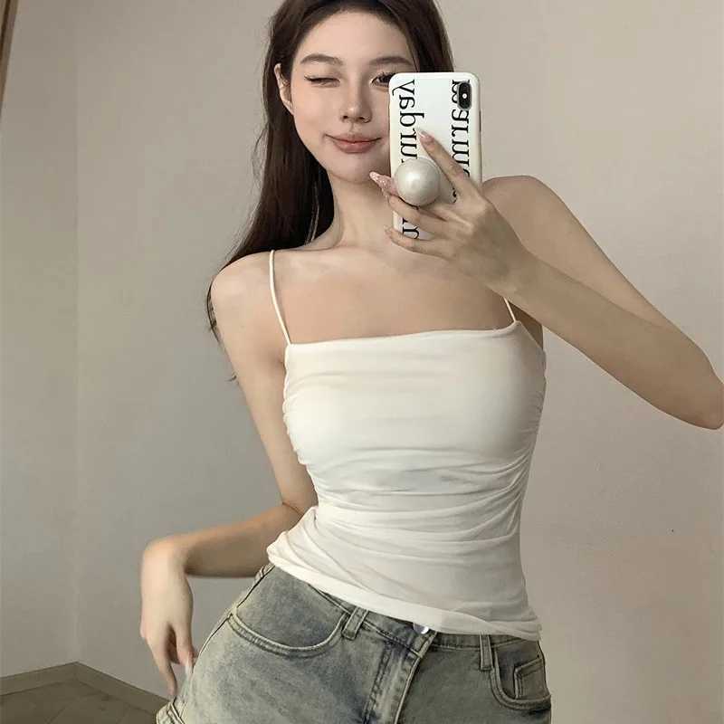 Womens Sveless Pleated Slim Fit Vest Sexy Hot Girl Short Top With Thin Shoulder Straps Solid Color Simple Fashion VestXJ250212