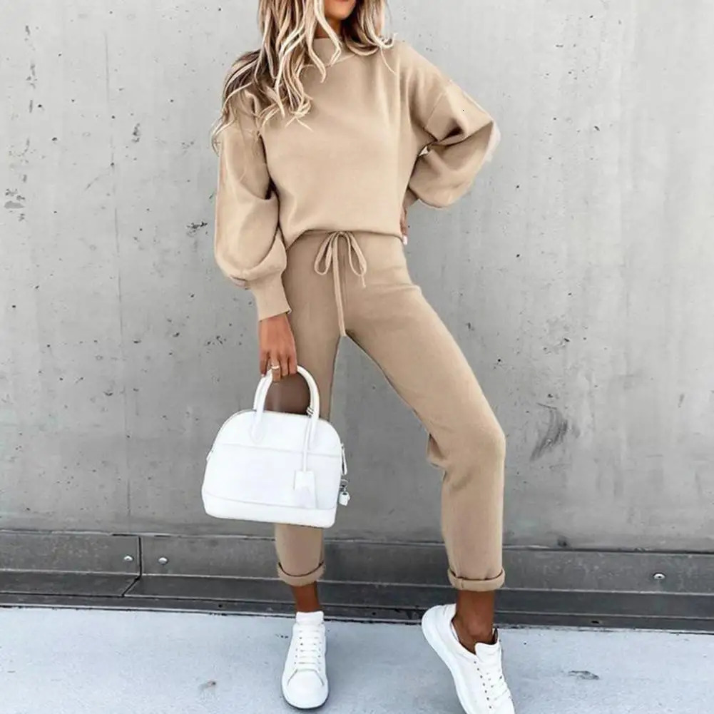 Solid Tracksuit womens twopiece autumn clothing oversized sports shirt top and stacked pants jogging set casual 250211Z