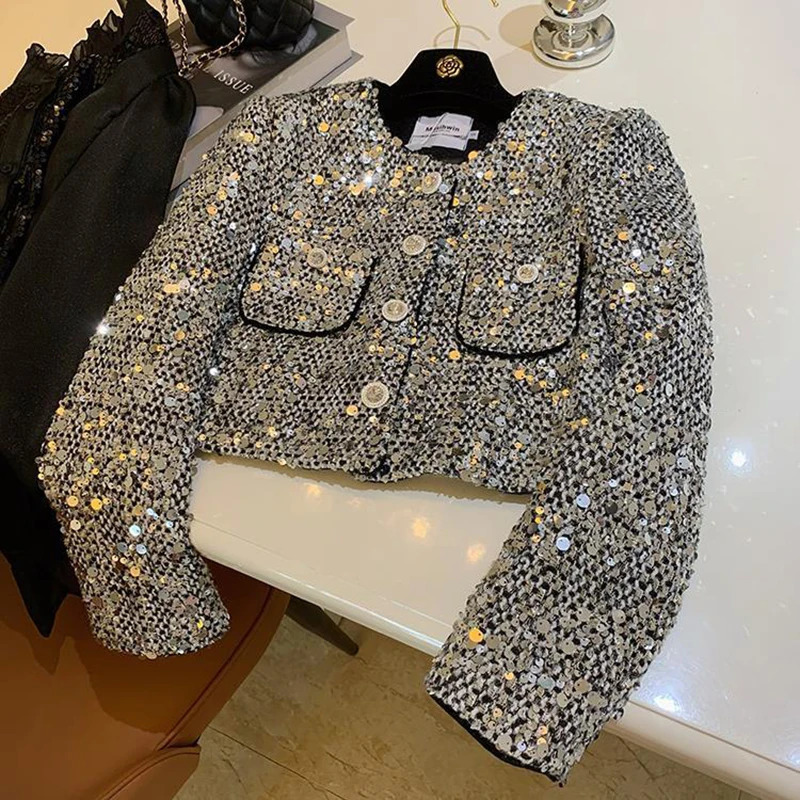 French Sequins Small Fragrant Tweed Coat For Women Fall Winter Korean Fashion Casual Jackets Elegant Outerwear Chaquetas 250210