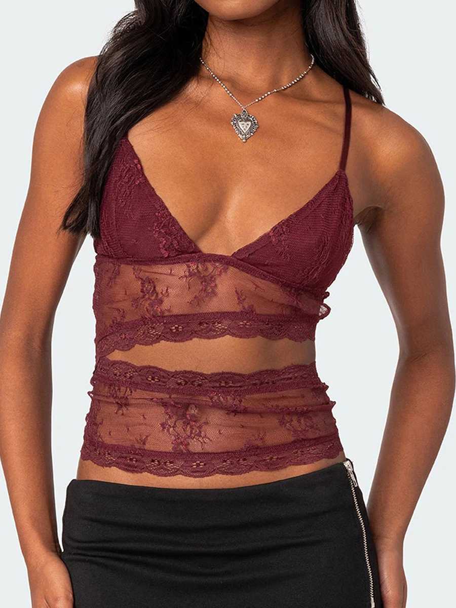 Women Lace Sheer Camisole V-Neck Spaghetti Strap Sheer Vest Slim Fit Cutout Show Navel Tank TopsXJ250212