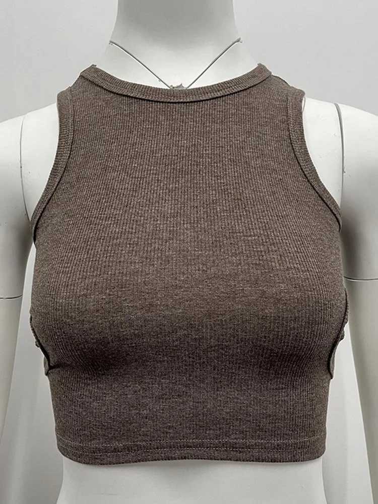 2023 Summer Solid Color Sveless T Shirt Womens Side Hole Knitted Tops Knitted Tops Basic Wear StreetwearXJ250212