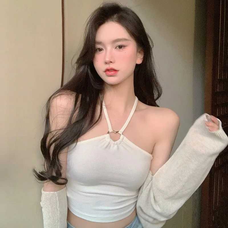 Y2K Slim Sexy Exposed Navel Crop Top Korean Women Tank Tops Solid Color Halter Sweet CamisoleXJ250212