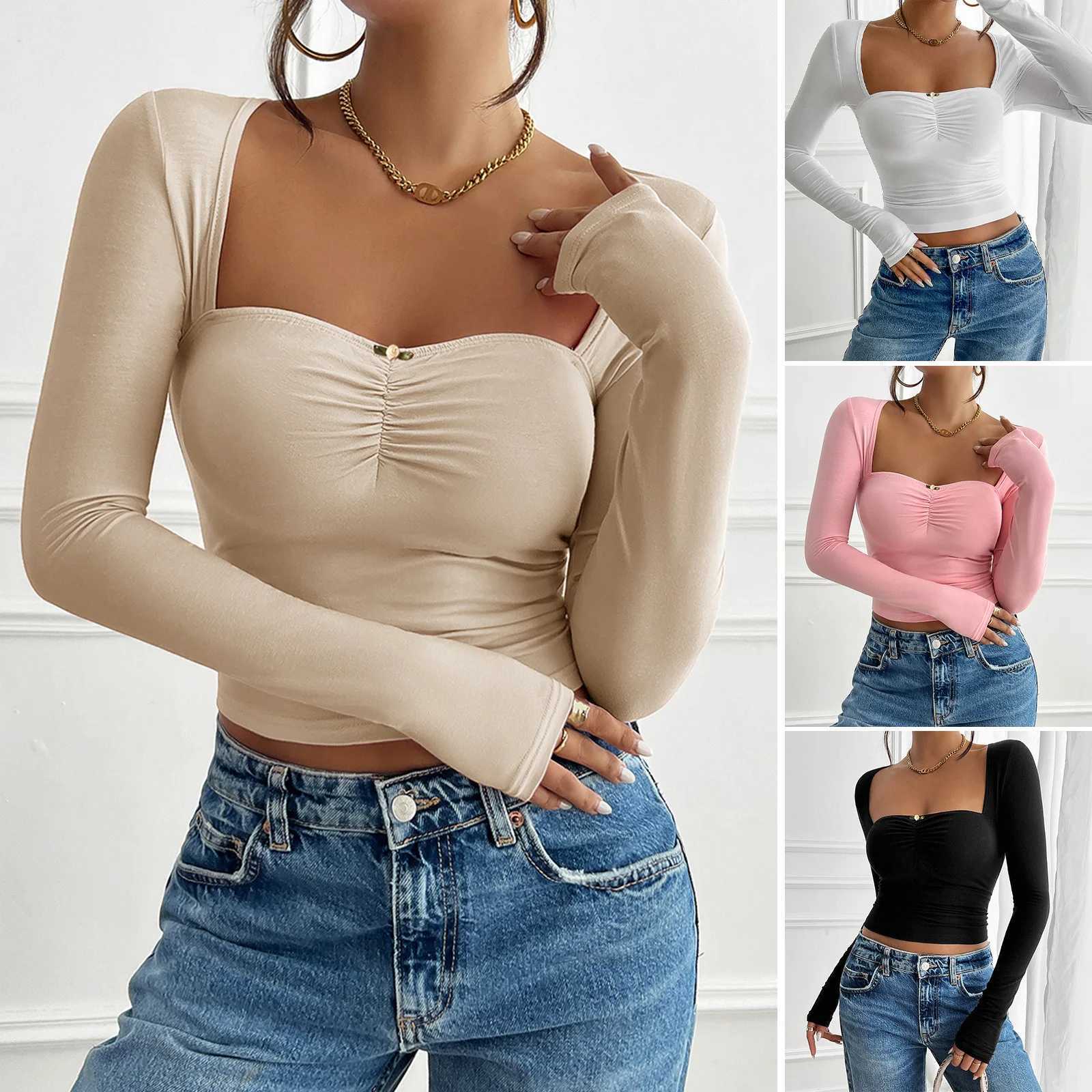 2024 Spring Autumn Womens Long Sve Tops Fe Solid Color Slim Fit Pleated Knitted Pullovers Ladys Square Neck TopsXJ250212