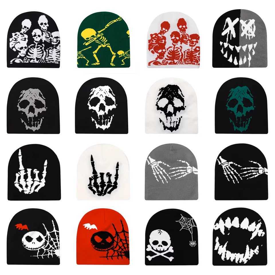 Beanies Fashion Skl Print Y2K Knitted Hats for Wen Men Ear Protection Winter Autumn Windproof Keep Warm Hats Hip Hop Cap X250212