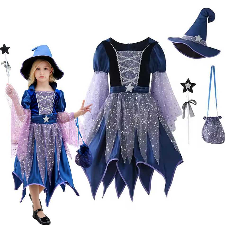 Kids Halloween Apparel Horror Dress Witch Costume with Hat Wand Girl Carnival Black Magic Villain Wizard Vampire Cosplay GownXJ250117