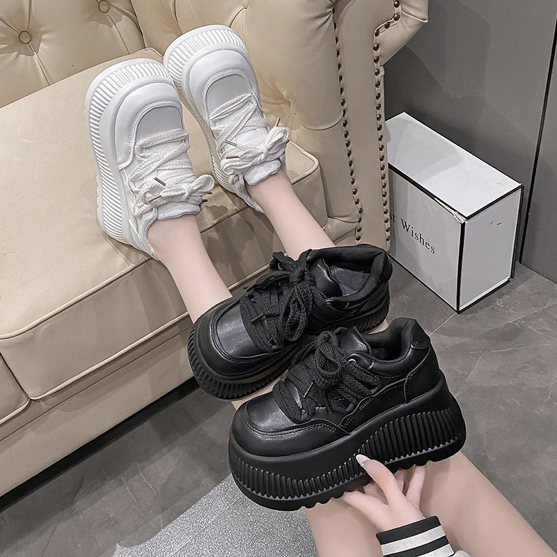 8.5CM Synthetic Microfiber Leather Women Platform Wedge Ladies Chunky Sneakers 2024 High Fashion Vulcanize Pumps Shoes 250207