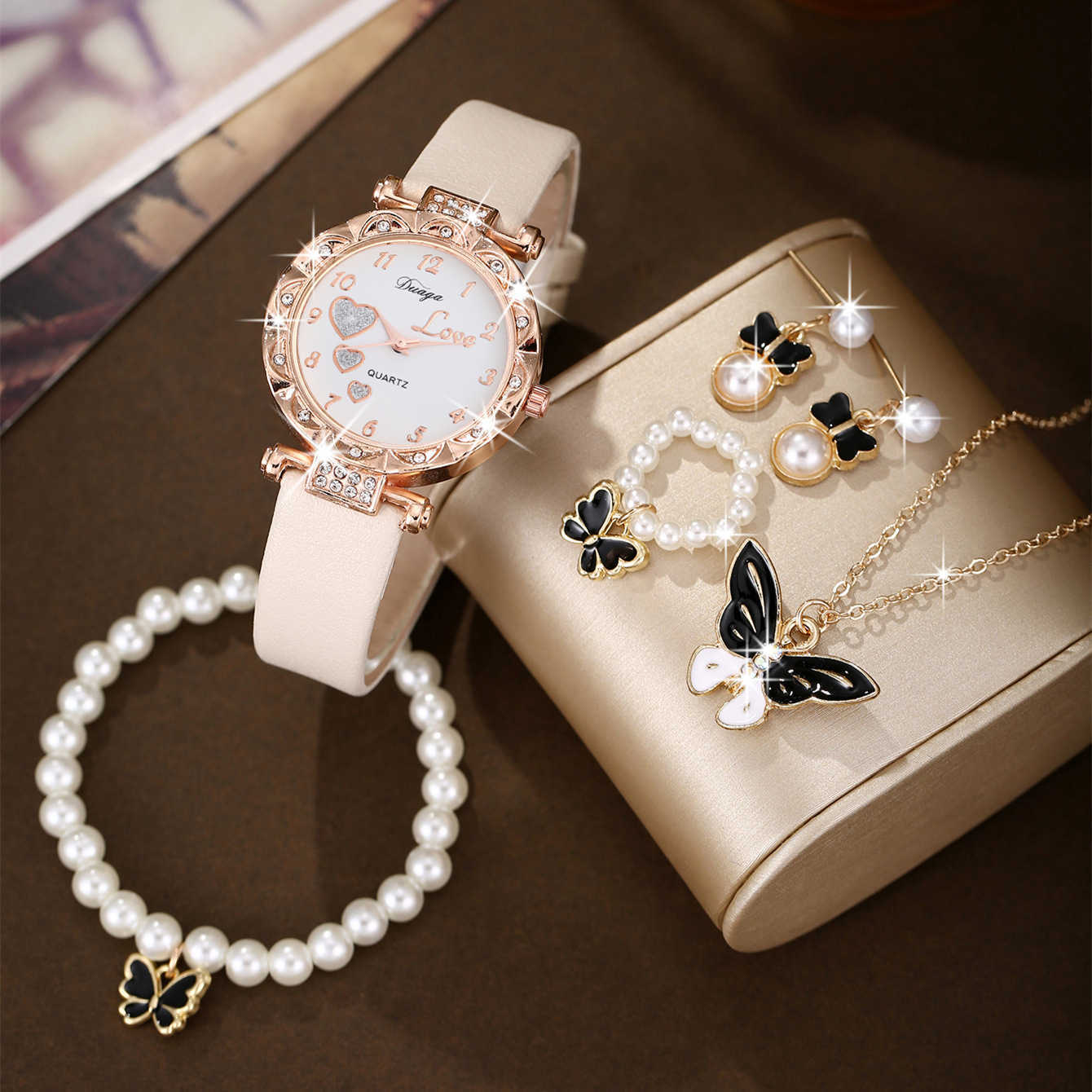 2024 New European Sweet Round Dial Matte Belt Watch Pearl Butterfly Jewelry Set W250212
