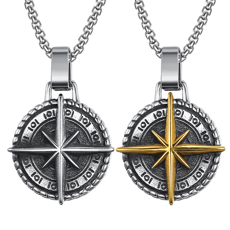 Hip Hop Vintage Stainless Steel Compass Pendant Necklace 18K Gold Plated Men Jewelry