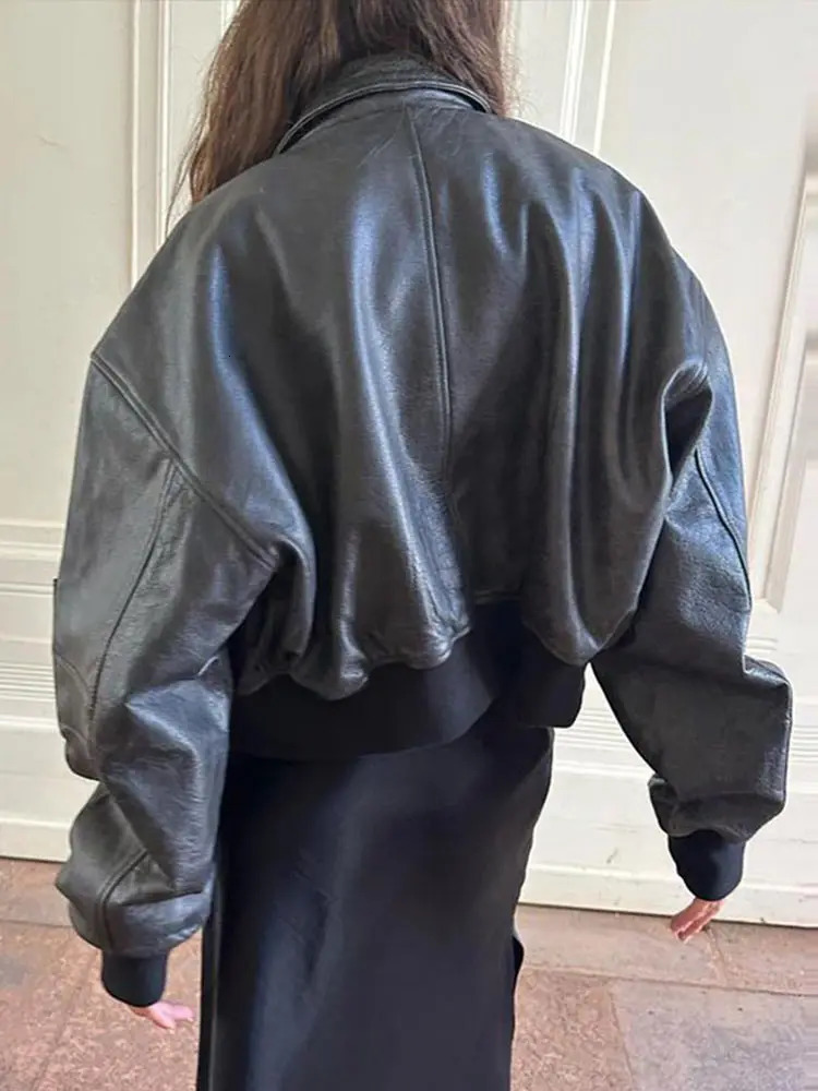 Women Zipper Leather Bomber Jackets Loose Turn-down Collar Vintage Pocket Short Outwear Long Sleeve Street Motorcycle Loose Tops 250211