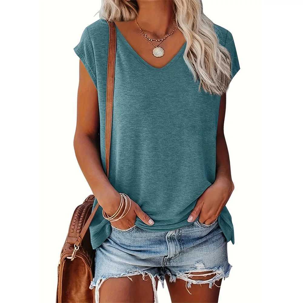 Summer Women Tank Top Solid Color Top Loose Plus Size Short Sve Beach Party Tank Top Fashion V-neck T-shirt Womens ClothingXJ250212