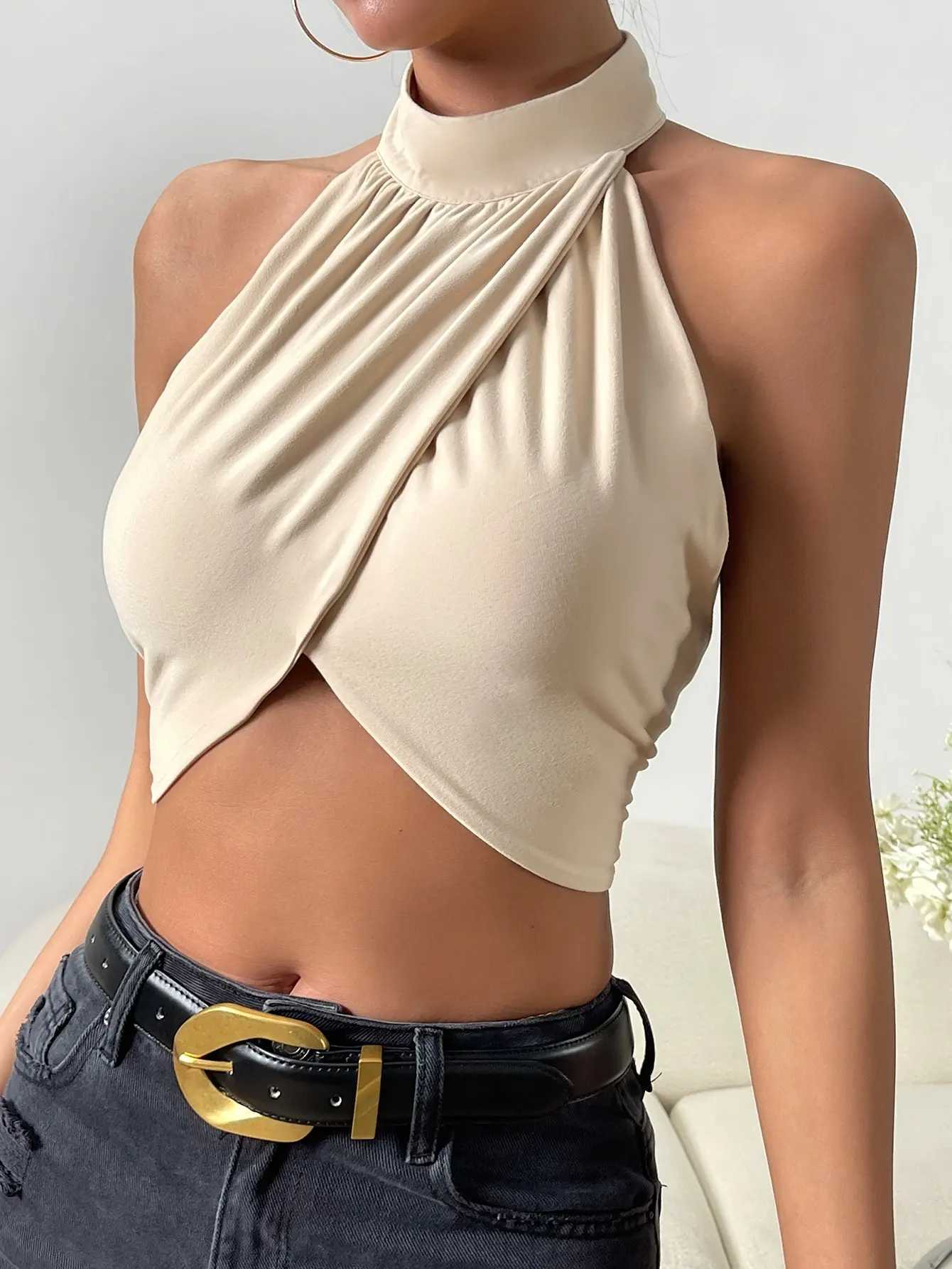 Sveless halter cross halter belt tied slim knit vest for women Hanging Neck Design Sexy And HharmingXJ250212
