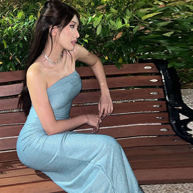 European American women's spring product fashionable sexy slim fit strapless bright color dress wholesale 2025 new style temperament chic and ele