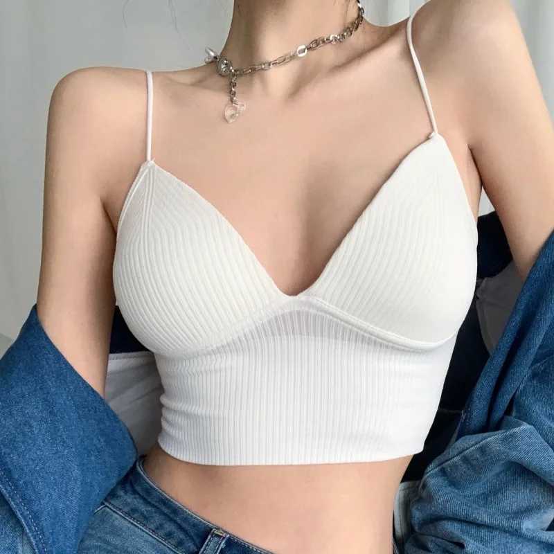 V-Neck Camisole Women Sexy Stretch Push Up Bra with Chest Pads Knitted Crop Top for Fe Short Tube Top Tops Bralette Y2kXJ250212