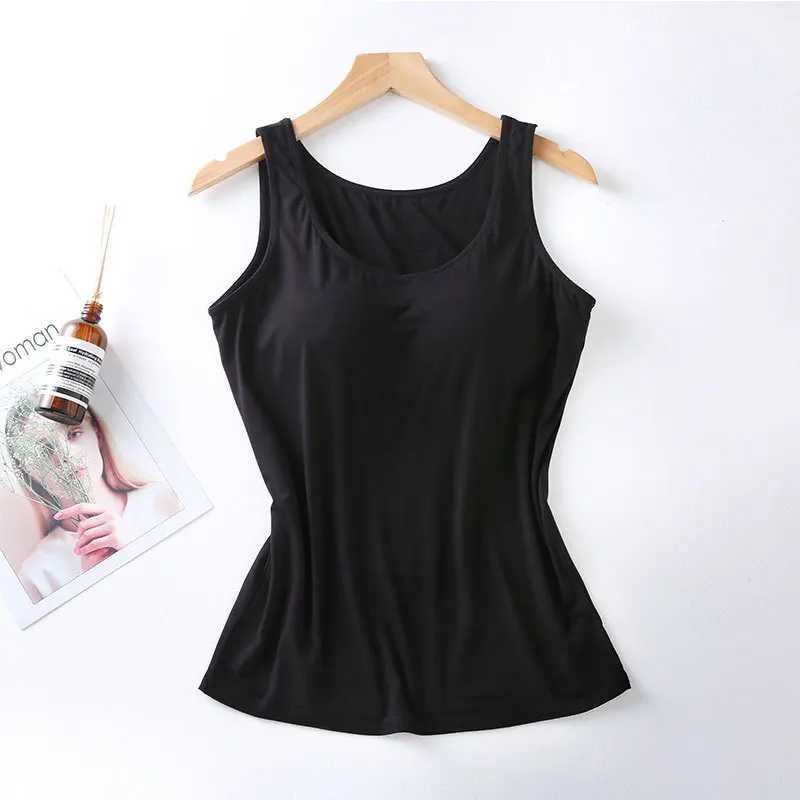 2023 Womens Vest Tops with Built In Bra Neck Vest Solid Color Padded Slim Fit Tank Tops Sexy Shirts Feminino Casual Tank TopsXJ250212