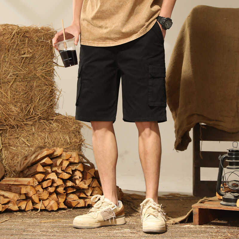 Half length washed casual pants mens loose work pants mens multi pocket pants sports shorts cotton elastic pants W250212