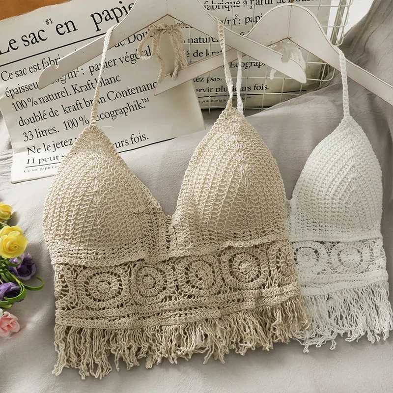 Women Beach Crop Tops Hollow Cover-Ups Perspective Tassel Sexy Spaghetti Strap Swinwear Built In Bra Backlless Halter NeckXJ250212
