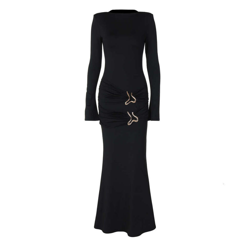 Hot selg women's in Europe America autumn 2025, fashionable round neck slim fit pleated long sleeved dress women wholesale, new casual and versat
