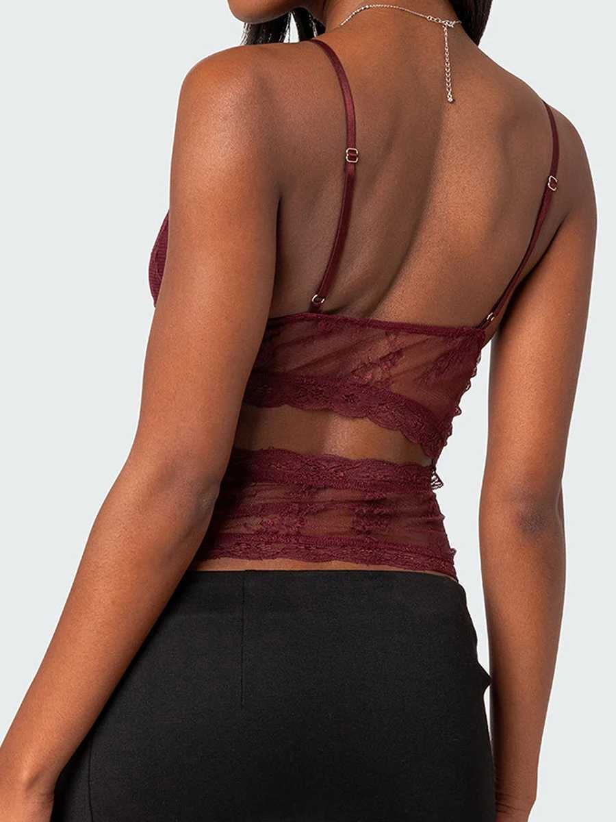Women Lace Sheer Camisole V-Neck Spaghetti Strap Sheer Vest Slim Fit Cutout Show Navel Tank TopsXJ250212