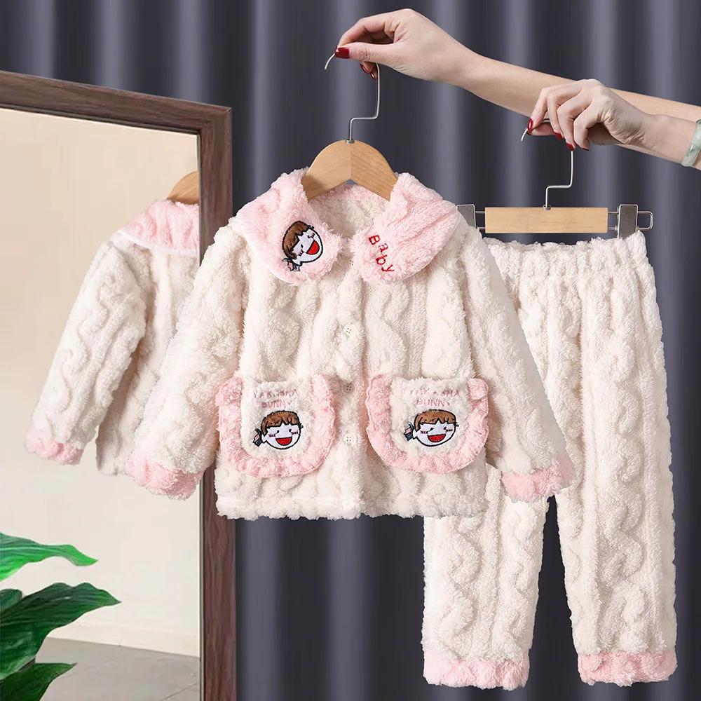 2024 Autumn Winter Kids Girls 2PCS Sleepwear Set Coral Velvet Cartoon Long Sleeve Coat Pants Sleepsuit Children Girls Pajamas 250211bj